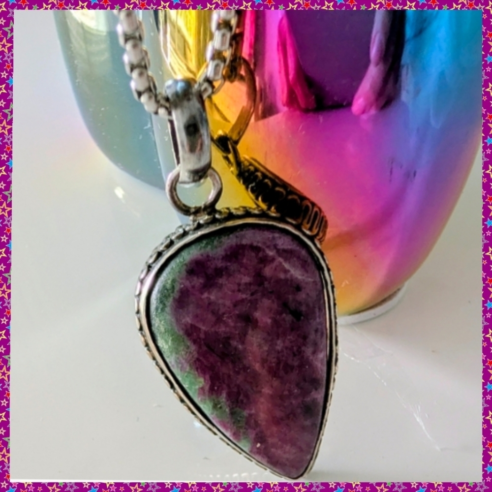 Gemstone Ruby Zoisite Necklace Teardrop Pendant S… - image 1